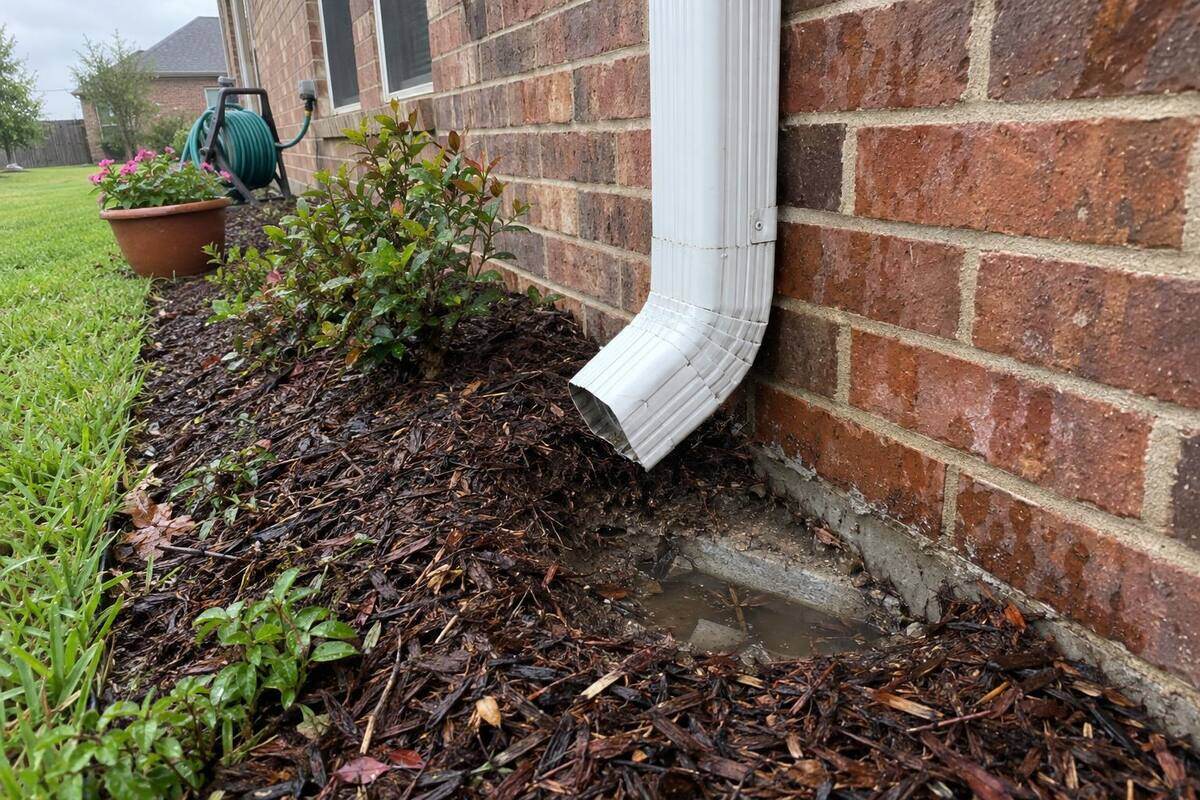 A white downspout elbow dumping into a mulch bed against a brick wall, a washed-out hollow at the slab edge