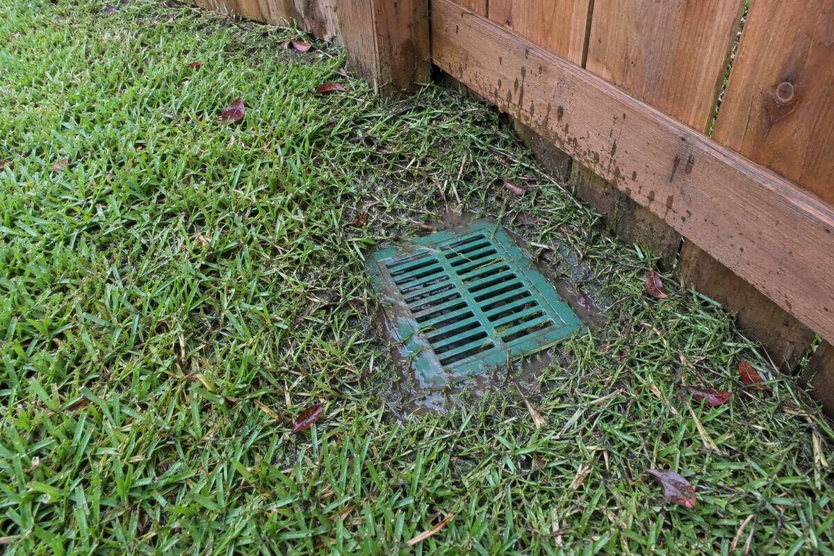 A square green grate set in a low corner of a lawn by a cedar fence, muddy water in the slots