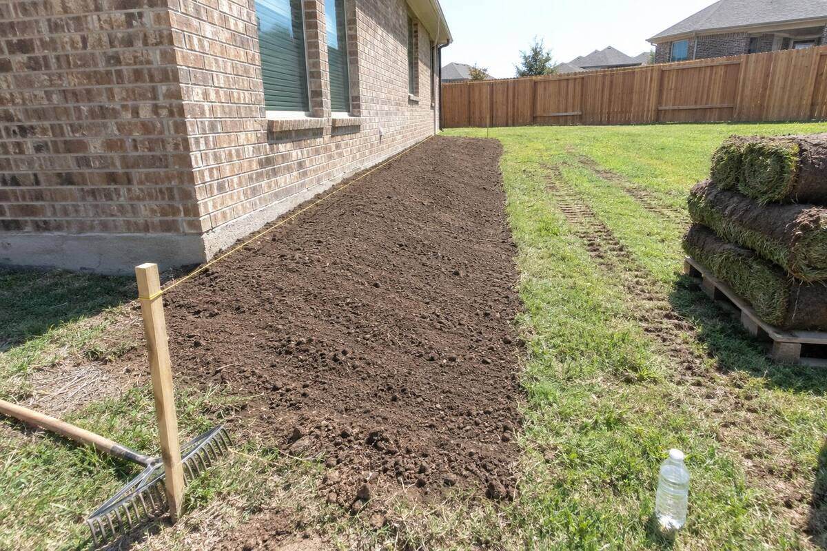 Freshly raked topsoil along the back of a brick house, a grade stake and string line, sod rolls on a pallet