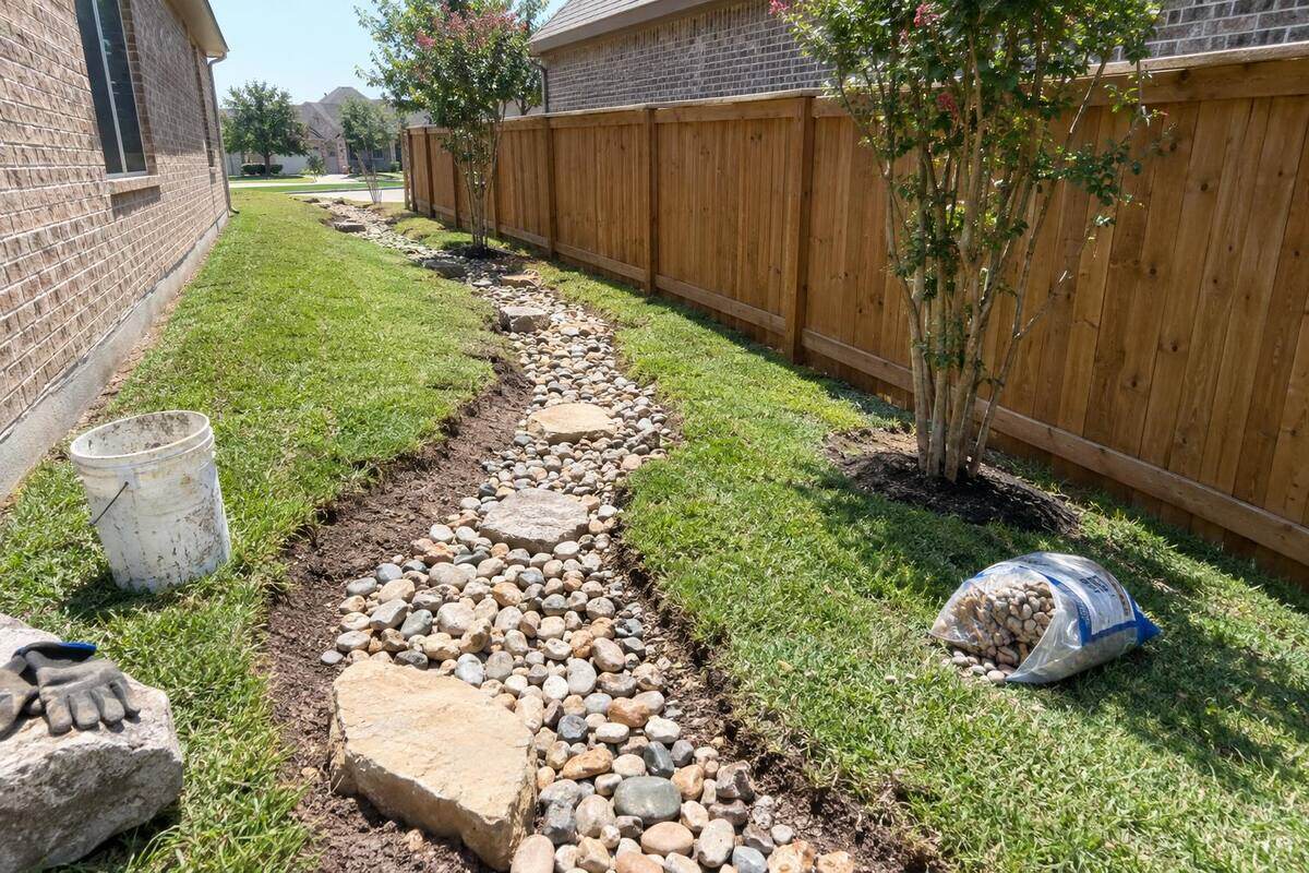 A shallow bed of river rock and flat stones winding along a side-yard fence, a bag of rock on the grass