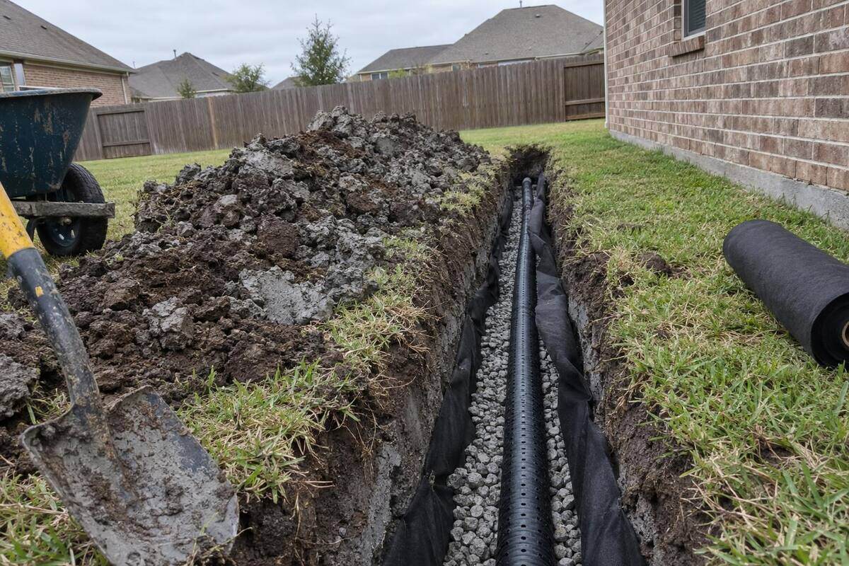 An open trench across a side yard lined with black fabric, a perforated pipe in gravel, clay piled beside it